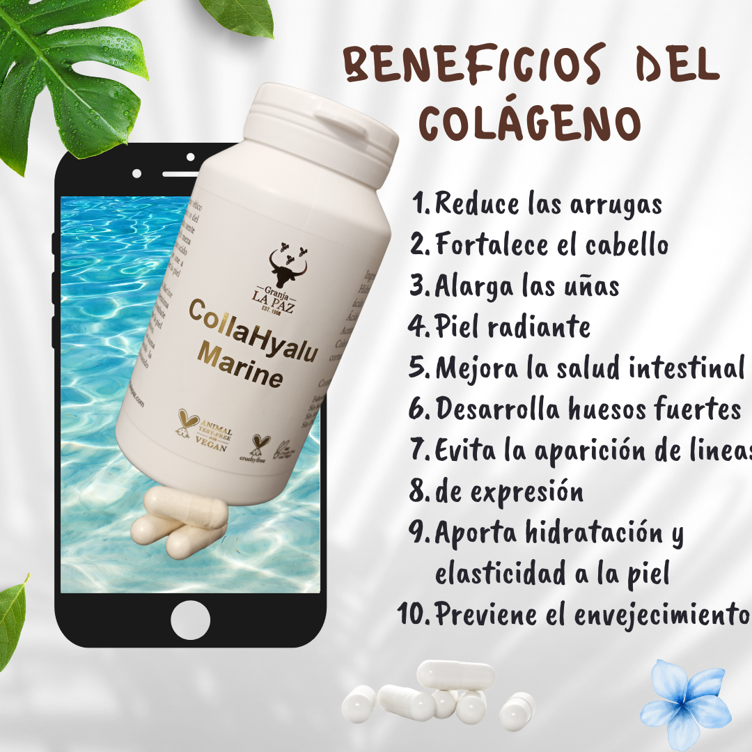 Beneficios tomar colágeno ácido hialuronico coenzima Q10 granja la paz natural vitamina suplememento alimenticio 